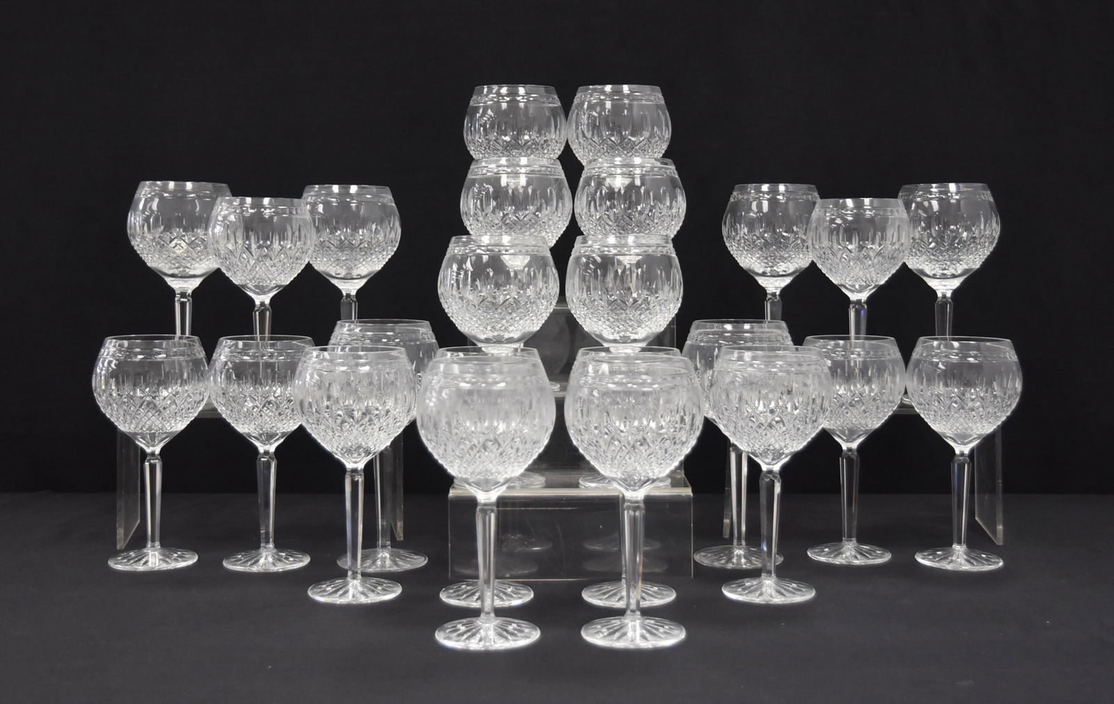 (24) LARGE WATERFORD "CLARENDON" WINE GLASSES: (12) LARGE WATERFORD CUT CRYSTAL "CLARENDON" PATTERN STEMWARE WATER GOBLETS - 4" x 8 3/8" / (12) LARGE WATERFORD CUT CRYSTAL "CLARENDON" WINE STEMWARE GLASSES - 3 3/4" x 7 3/4" ; WITH STAMP WATERFORD