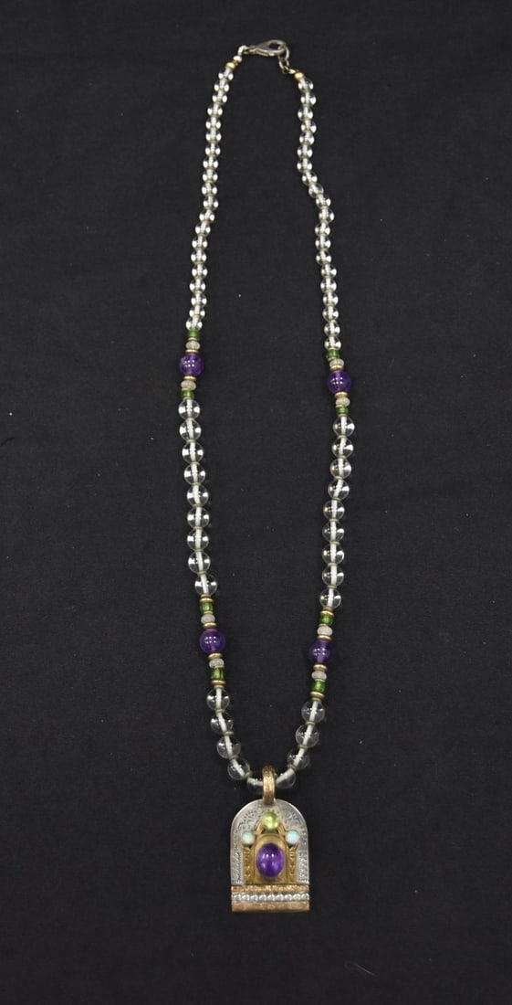 STERLING SILVER NECKLACE & PENDANT: STERLING SILVER NECKLACE & PENDANT WITH AMETHYST , OPAL , PERIDOT & BEADS - 22" LONG ; 1 1/4" x 1"