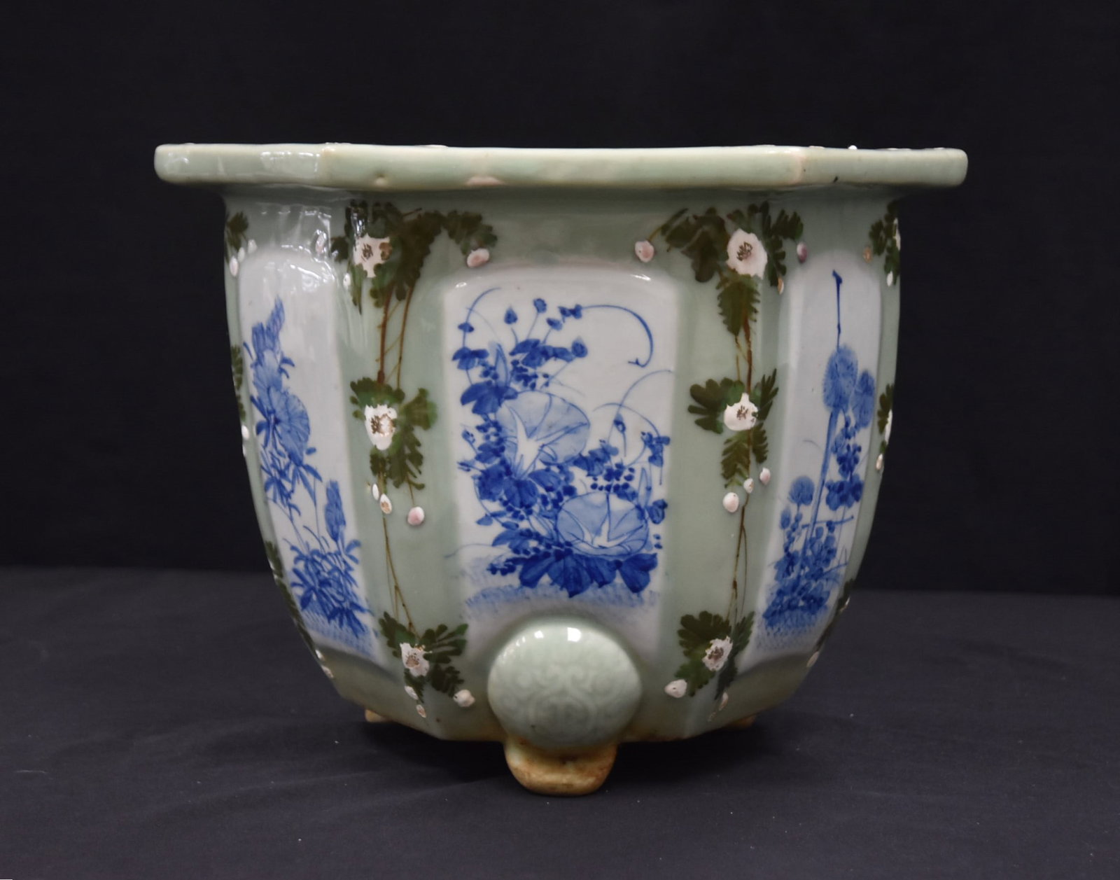HEXAGONAL JAPANESE CELEDON PLANTER: HEXAGONAL JAPANESE ENAMELED CELEDON PLANTER - 13" x 9 1/2"