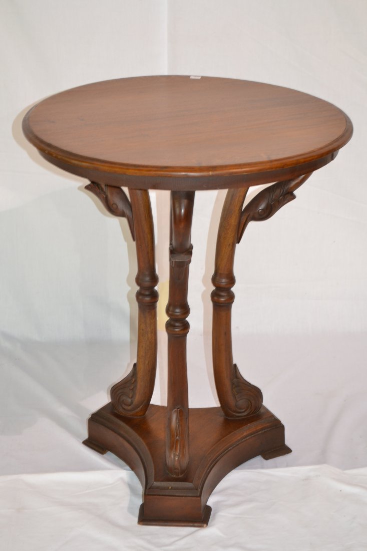 238 ROUND MAHOGANY SIDE TABLE WITH CARVED SWAN