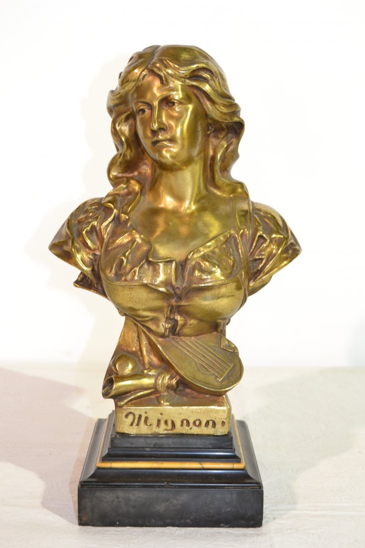 BRONZE BUST OF GIRL WITH MANDOLIN ON MARBLE BASE: SIGNED MIGNON - 9" x 16"