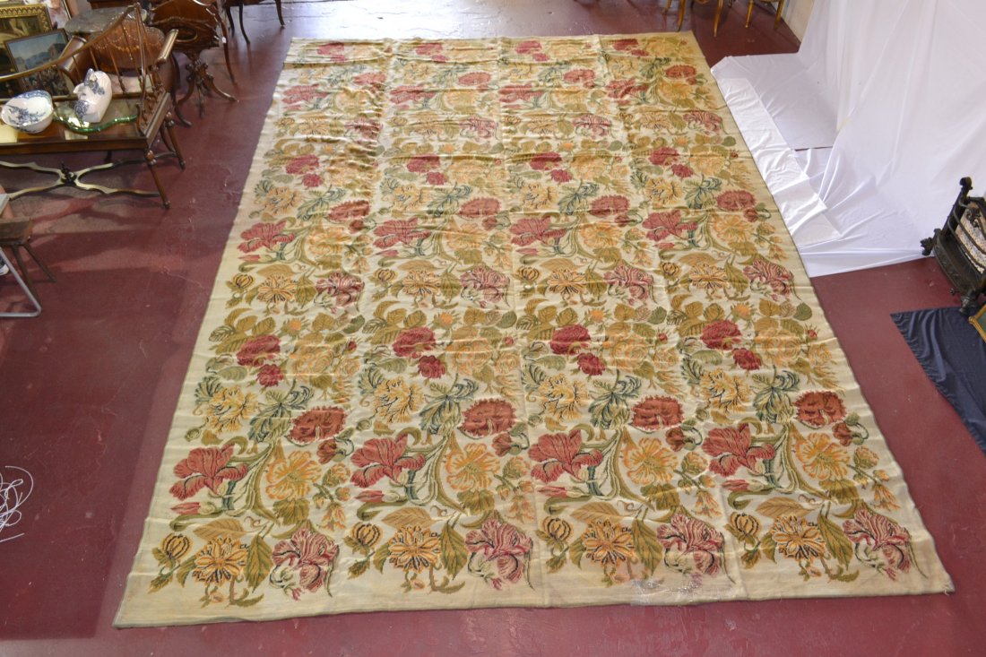 11' 10" x 17' FLORAL NEEDLEPOINT RUG (SMALL HOLES: & SLIGHT STAINING TO CORNER)