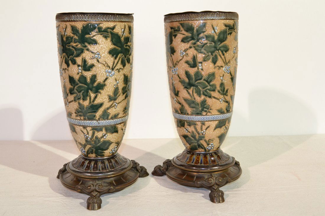 (Pr) DOULTON LAMBETH LEAFY PATTERN EARTHENWARE: VASES WITH INSERTS & BRONZE BASE WITH HOOF FEET - MARKED 1887 & 2852 - 8 1/2" x 14"