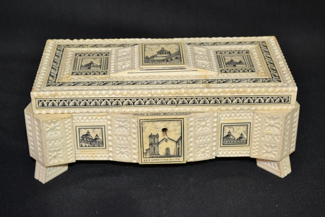 CARVED IVORY FOOTED BOX WITH BUILDING SCENES: & WOOD INTERIOR - 10" x 5" x 4"