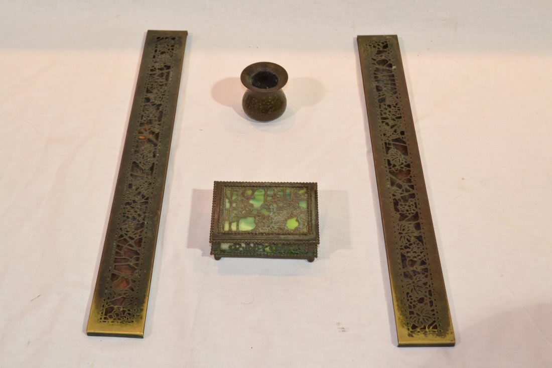 BRONZE TIFFANY STUDIOS DESK SET PIECES INCLUDING: BLOTTERS ( 19 1/4" x 2 1/8") , BRUSH POT (2 1/4" x 2 1/4") & SLAG GLASS BOX (3 1/2" x 4 1/2")