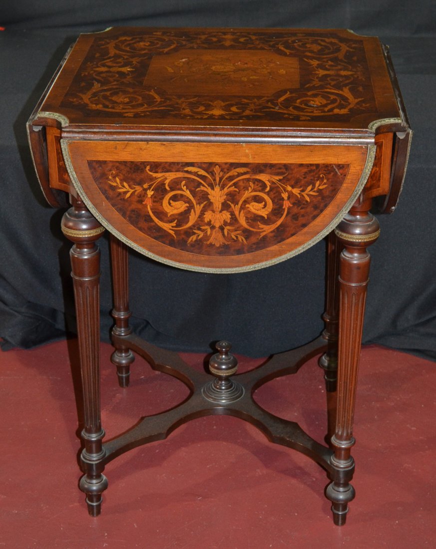 FLORAL MARQUETRY INLAID DROP LEAF TABLE WITH: BRONZE MOUNTS & FLUTED LEGS - 21" x 21" x 29" , 37"OPEN