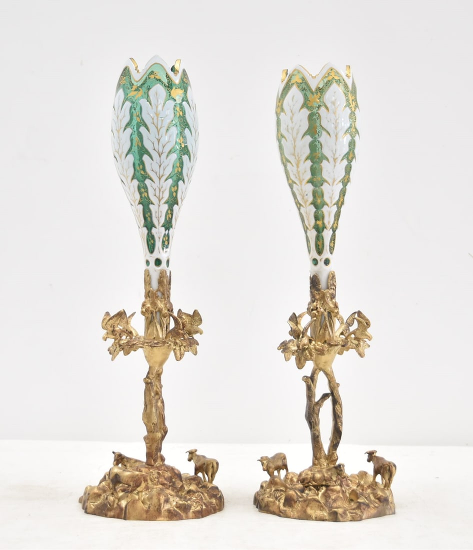 (Pr) GILT METAL & BOHEMIAN GLASS EPERGNES: (Pr) BOHEMIAN OVERLAY GLASS EPERGNE VASES WITH GILDED METAL BASES HAVING DEER & ANIMALS - 5" x 17" (both glass epergnes have cracks )