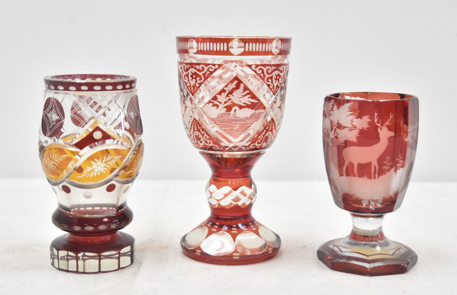 (3) RED BOHEMIAN ETCHED & CUT GLASS VESSELS (1 of 10)