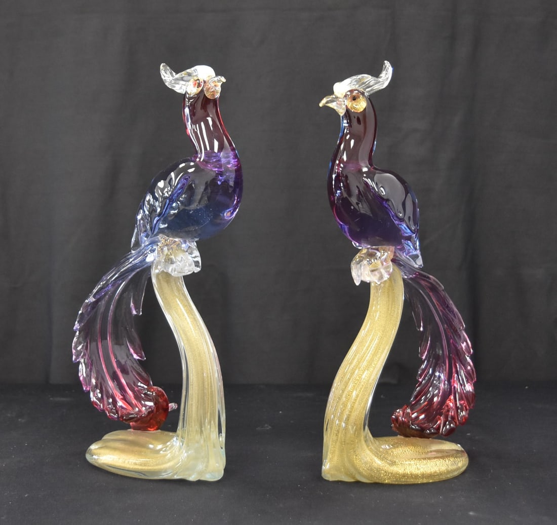 (Pr) LARGE MURANO ART GLASS PEACOCK BIRDS (1 of 10)