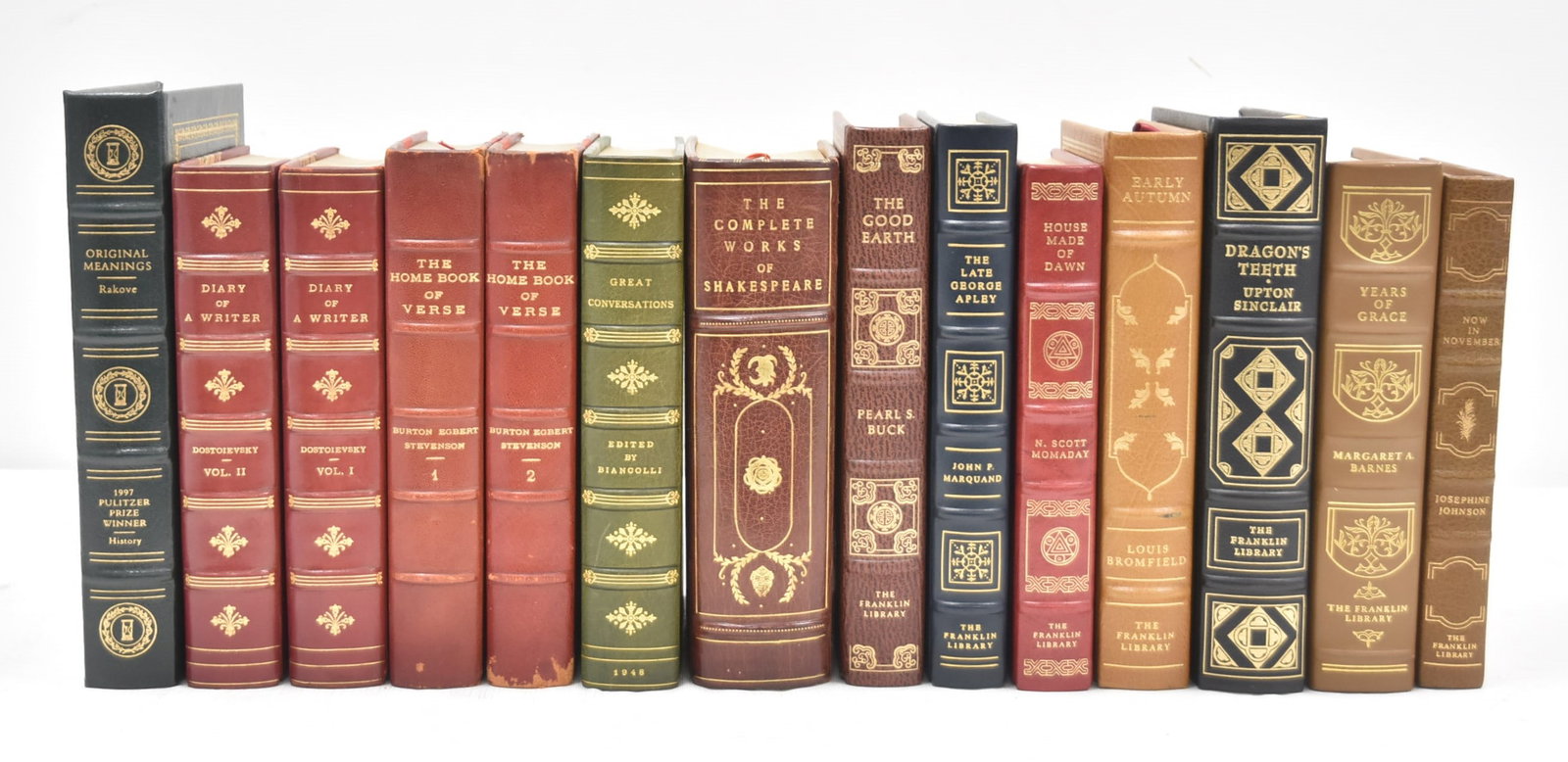 (14) LEATHER BOUND BOOKS: (14) LEATHER BOUND BOOKS INCLUDING THE COMPLETE WORKS OF SHAKESPEARE / ORIGINAL MEANINGS BY RAKOVE / "GREAT CONVERSATONS" EDITED BY BIANCOLLI/ (2) VOLUMES "THE HOME BOOK OF VERSE" BY BURTON EGBERT STE