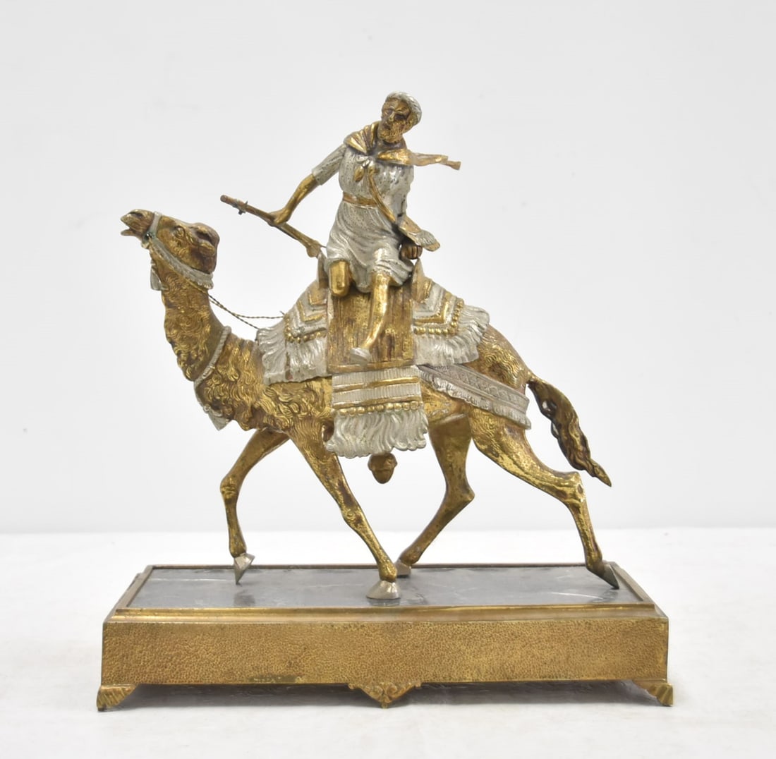 ORIENTALIST GILT METAL ARAB ON CAMEL: ORIENTALIST GILT METAL ARABIAN MAN ON CAMEL - 11 1/2' x 5" x 12 1/2"