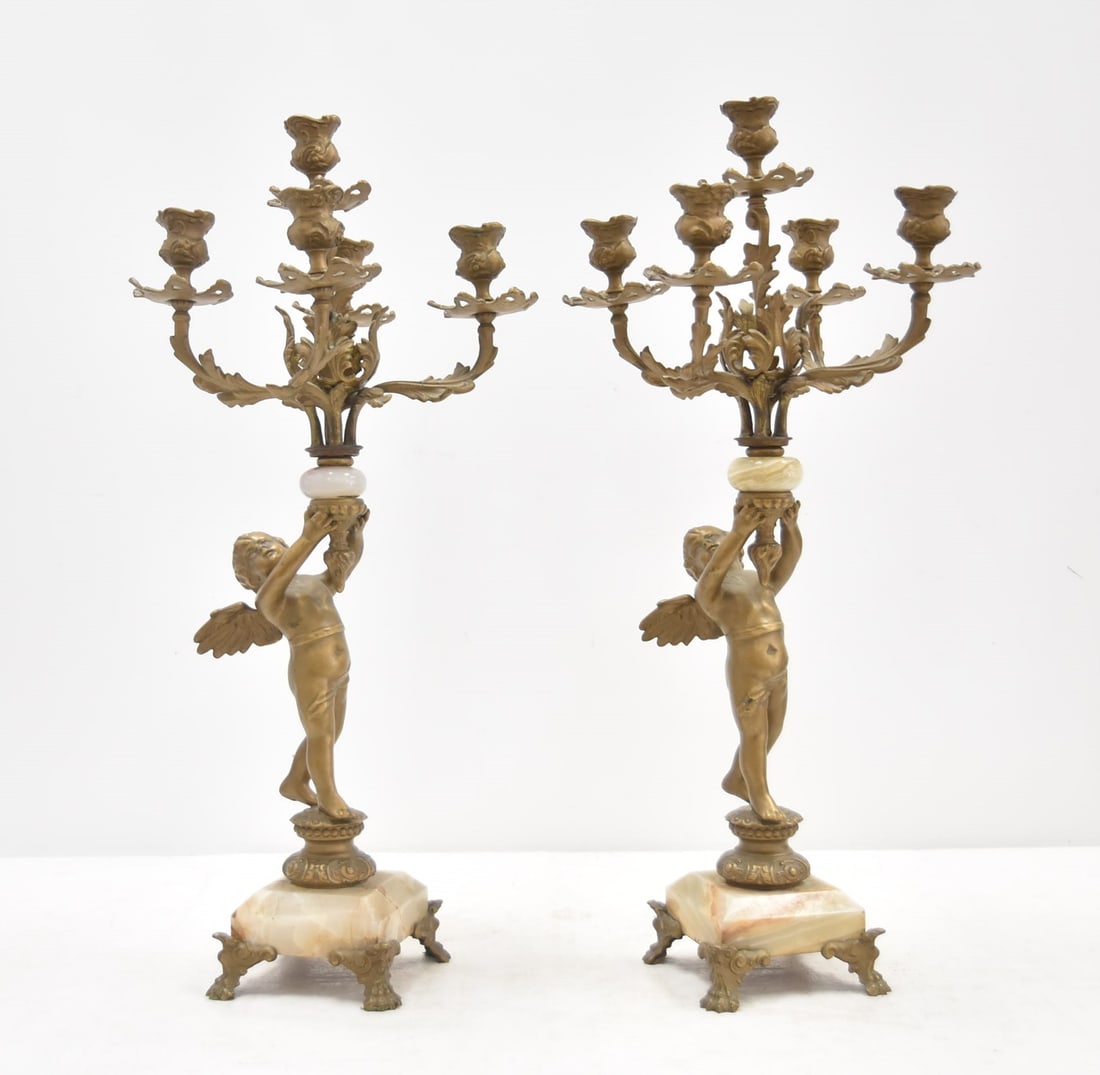 (Pr) GILT METAL & ONYX CHERUB CANDELABRAS (1 of 11)
