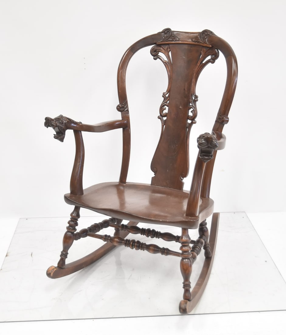 19thC CARVED MAHOGANY ROCKING CHAIR: 19thC CARVED MAHOGANY ROCKING CHAIR WITH CARVED DRAGONS - 27" x 32" x 39" (SOME LOSS TO BOTTOM OF ROCKER)