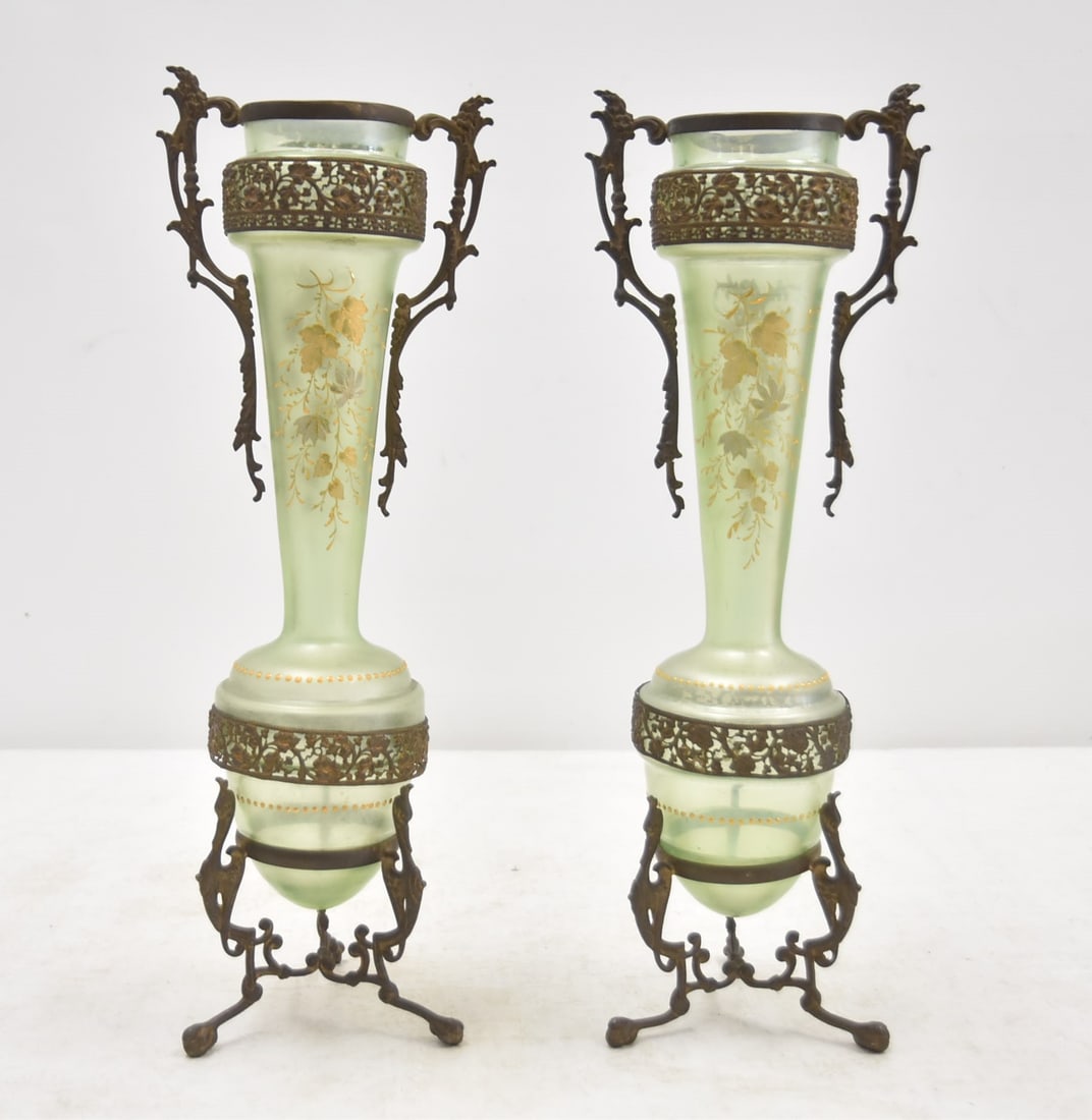 (Pr) VICTORIAN ENAMEL GLASS EPERGNES: (Pr) VICTORIAN ENAMELED GLASS VASE EPERGNES WITH FILIGREE MOUNTS & BRONZE SWAN BASE - 5" x 14 1/2'