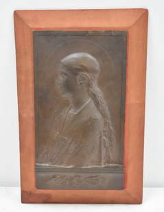 AGATHON LEONARD "SAINT CECILIA" BRONZE PLAQUE: AGATHON LEONARD (BELGUIM, 1841-1923) BRONZE BAS RELIEF PLAQUE OF SAINT CECILIA , SAINTE CECILE BY AGATHON LEONARD , WITH THIEBAUT FRERES , FOUNDRY STAMP - BRONZE PLAQUE IS 8 1/4" x 15" ; OVERALL FRAME