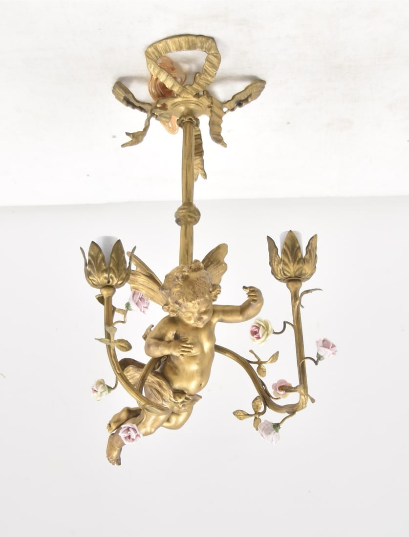 2-LIGHT GILDED METAL CHERUB CHANDELIER: 2-LIGHT GILDED METAL CHERUB CHANDELIER WITH CHERUB HOLDING (2) LIGHTS & PORCELAIN FLOWERS - 11" x 18"