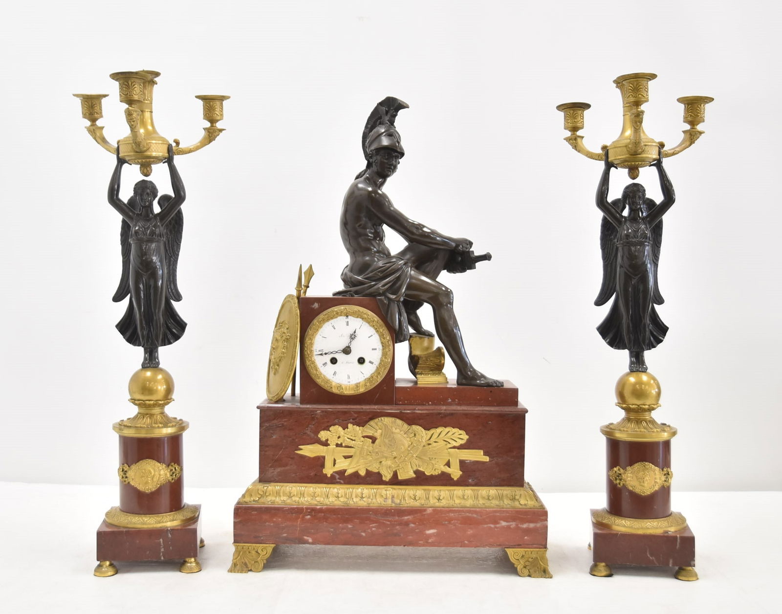 (3)pc FIGURAL BRONZE & ROUGE MARBLE CLOCK SET (1 of 13)