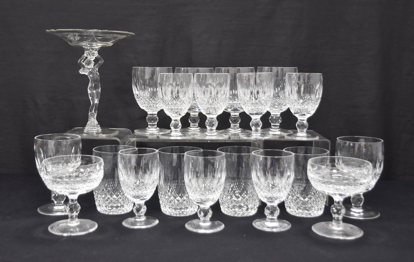(20) WATERFORD "COLLEEN" CUT CRYSTAL STEMWARE: COLLEEN PATTERN BY WATERFORD CUT CRYSTAL STEMWARE GLASSES INCLUDING (5) ROCKS GLASSES , (6) WINE GLASSES , (7) SMALL WINE - CORDIAL GLASSES , (2) CHAMPAGNE GLASSES & ART NOUVEAU FEMALE NUDE GLASS TAZZ