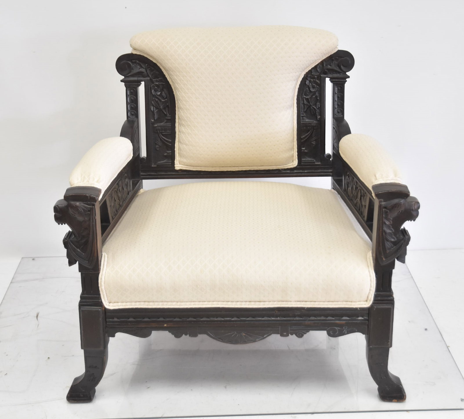 ANTIQUE CARVED ARM CHAIR: ANTIQUE UPHOLSTERED BERGERE CHAIR WITH CARVED ANIMALS & FOLIATE - 27" x 24" x 30"