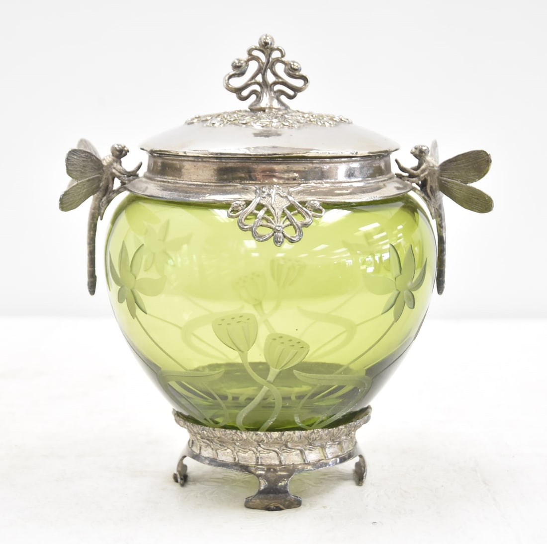 ETCHED BOHEMIAN GLASS DRAGONFLY CRACKER JAR (1 of 13)