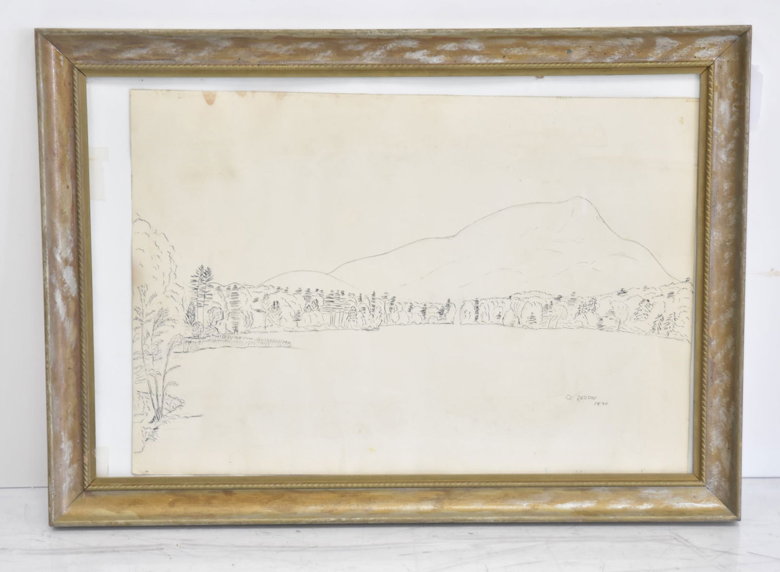 ATTR ODILON REDON , PEN & INK MOUNTAIN LANDSCAPE: ATTRIBUTED TO ODILON REDON (FRENCH, 1840-1916) PEN & INK DRAWING OF MOUNTAIN LANDSCAPE , SIGNED O.REDON , 1890 - 24" x 16" ; 29" x 21" FRAMED