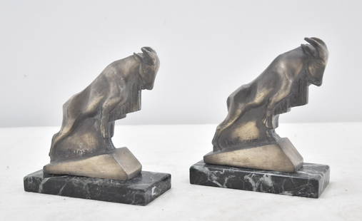 (Pr) BRONZE MAX LE VERRIER RAM BOOKENDS: MAX LE VERRIER (FRENCH, 1891-1973) PAIR OF SILVERED BRONZE RAM FORM BOOKENDS WITH MABLE BASE , SIGNED LE VERRIER - 6" x 2 1/2" x 6 1/2'