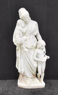 AFTER LORENZO BARTOLINI , LARGE MARBLE SCULPTURE: LARGE MARBLE FIGURE OF CHARITY AS EDUCATOR "LA CARITA EDUCATRICE" ; AFTER LORENZO BARTOLINI (1777-1850) , UNSIGNED ; DEPICTING MOTHER HOLDING CHILDREN - 19" x 12" x 43" (SOME CRACKS & DISCOLORING) She