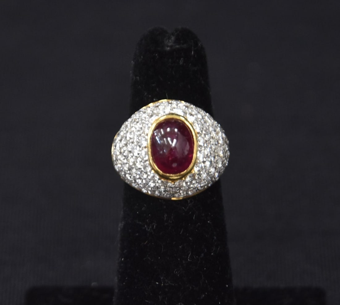 18kt GOLD CABACHON RUBY & DIAMOND DOME RING (1 of 10)