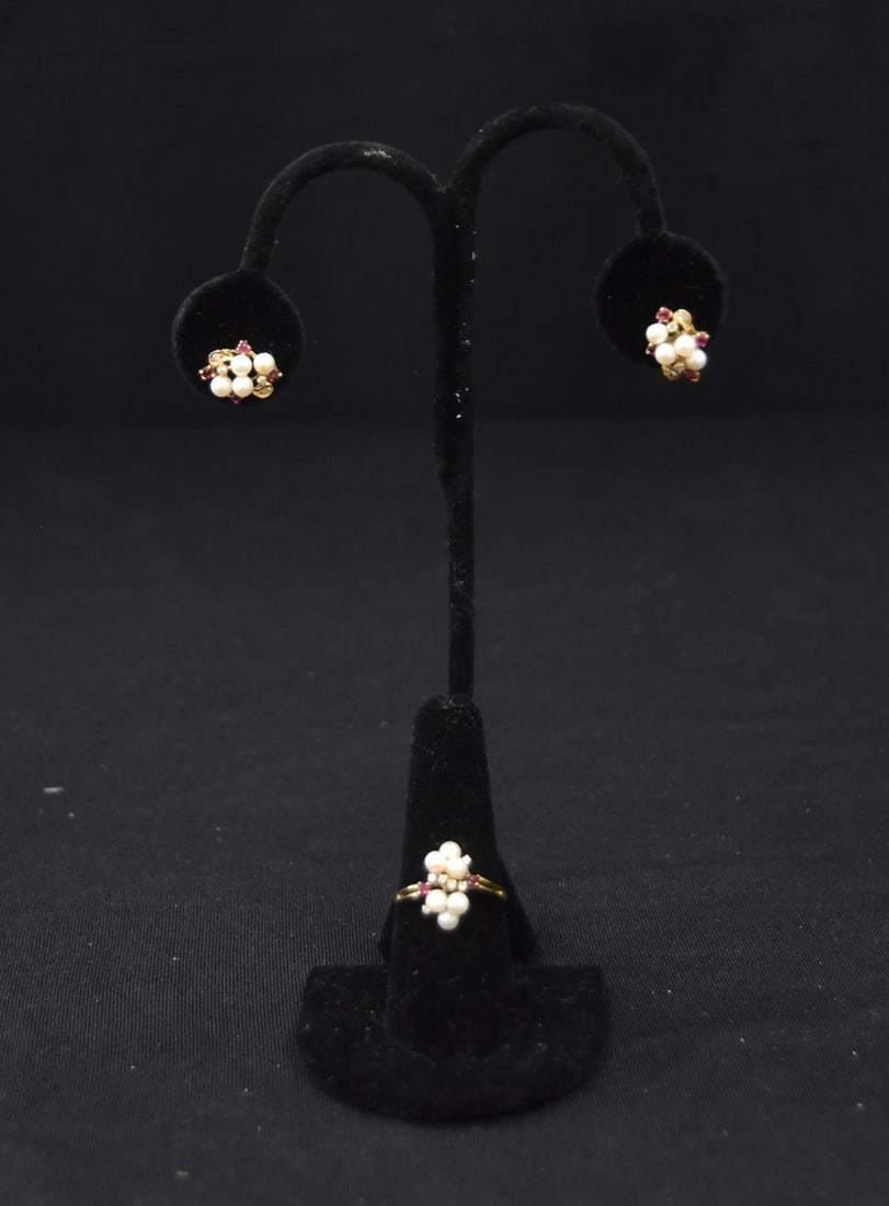 (3)pc 14kt PEARL ,RUBY & DIA EARRINGS & RING SUITE (1 of 12)