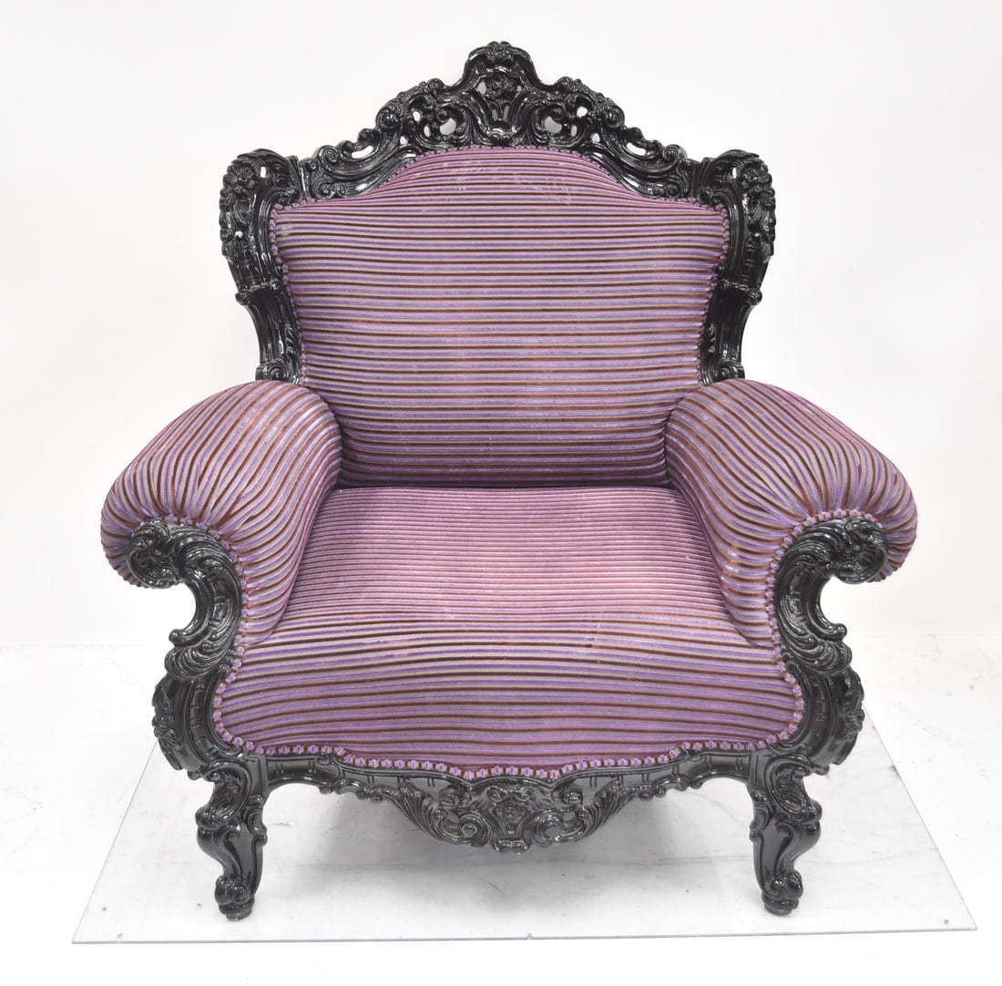 CARLO RAMPAZZI DESIGNER BERGERE CHAIR: CARLO RAMPAZZI CUSTOM BERGERE CHAIR WITH LACQUERED FINSH & PURPLE UPHOLSTERY - 39" x 31" x 44"