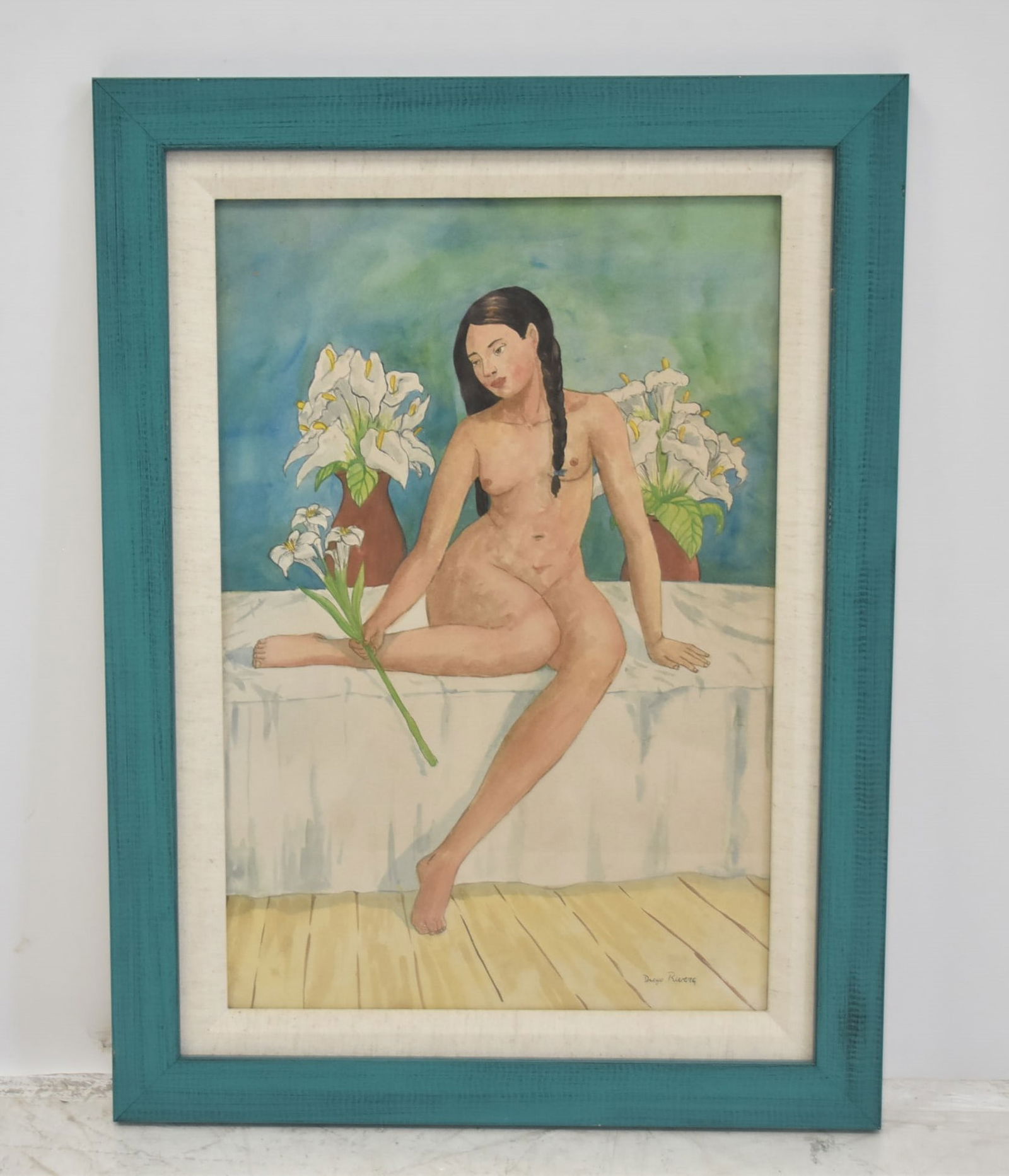 DIEGO RIVERA , WATERCOLOR OF FEMALE NUDE: AFTER / STYLE OF DIEGO RIVERA (MEXICO ,1886-1957) WATERCOLOR OF NUDE WOMAN WITH FLOWERS , SIGNED DIEGO RIVERA - 12" x 18" / 17" x 22 1/2" OVERALL