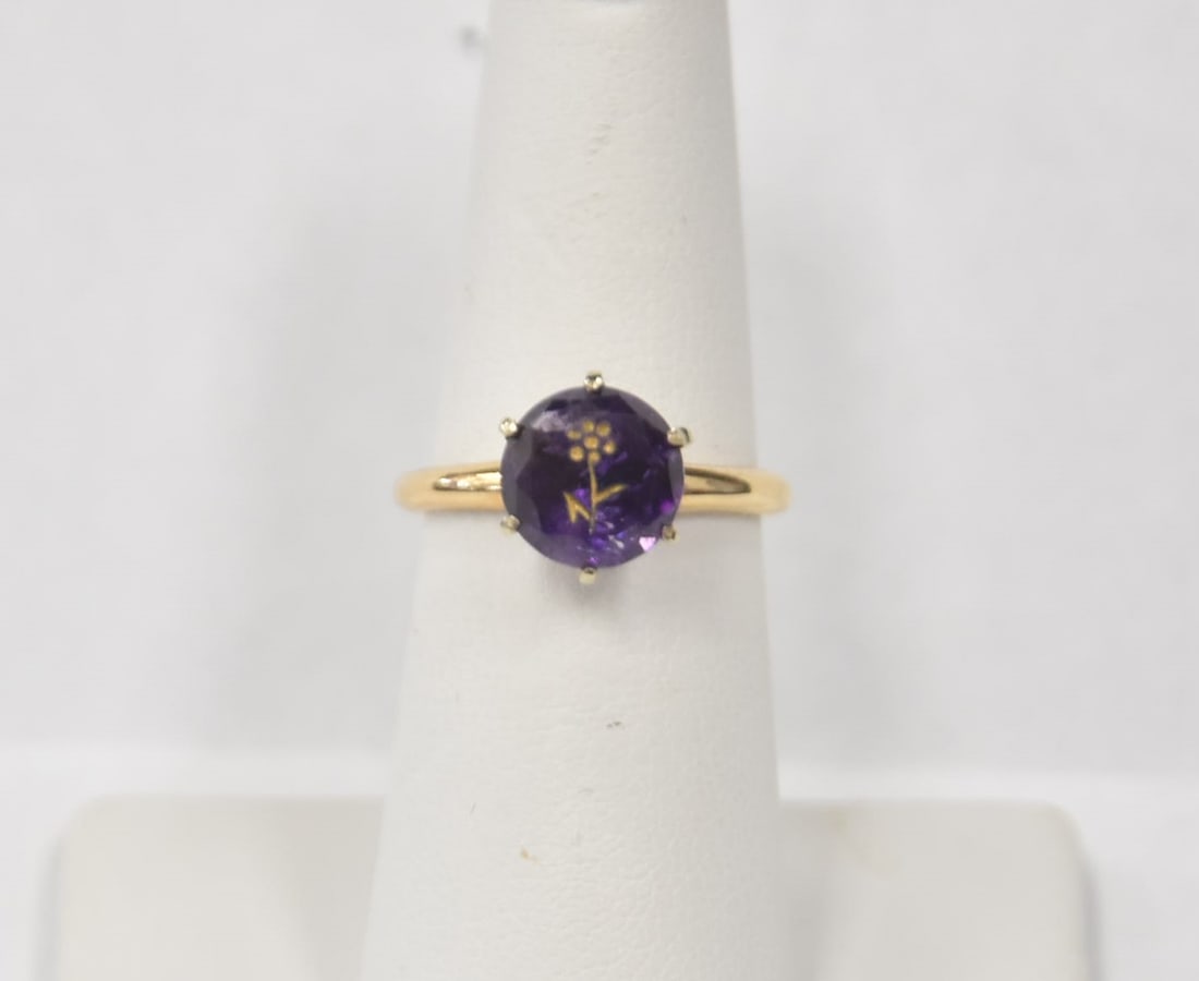 14kt GOLD & AMETHYST RING WITH ENGRAVED FLOWER (1 of 6)