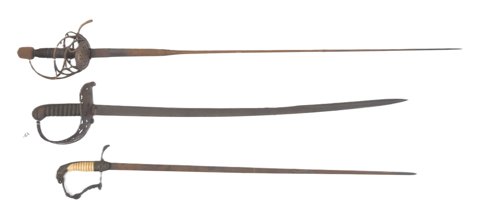 (3) ANTIQUE SWORDS: FRENCH BASKET SABER SWORD / WYERSBURG KIRSCHBAUM SOLINGEN SABRE SWORD / EAGLE HEAD SWORD WITH BONE HANDLE - LARGEST IS 5" x 48"