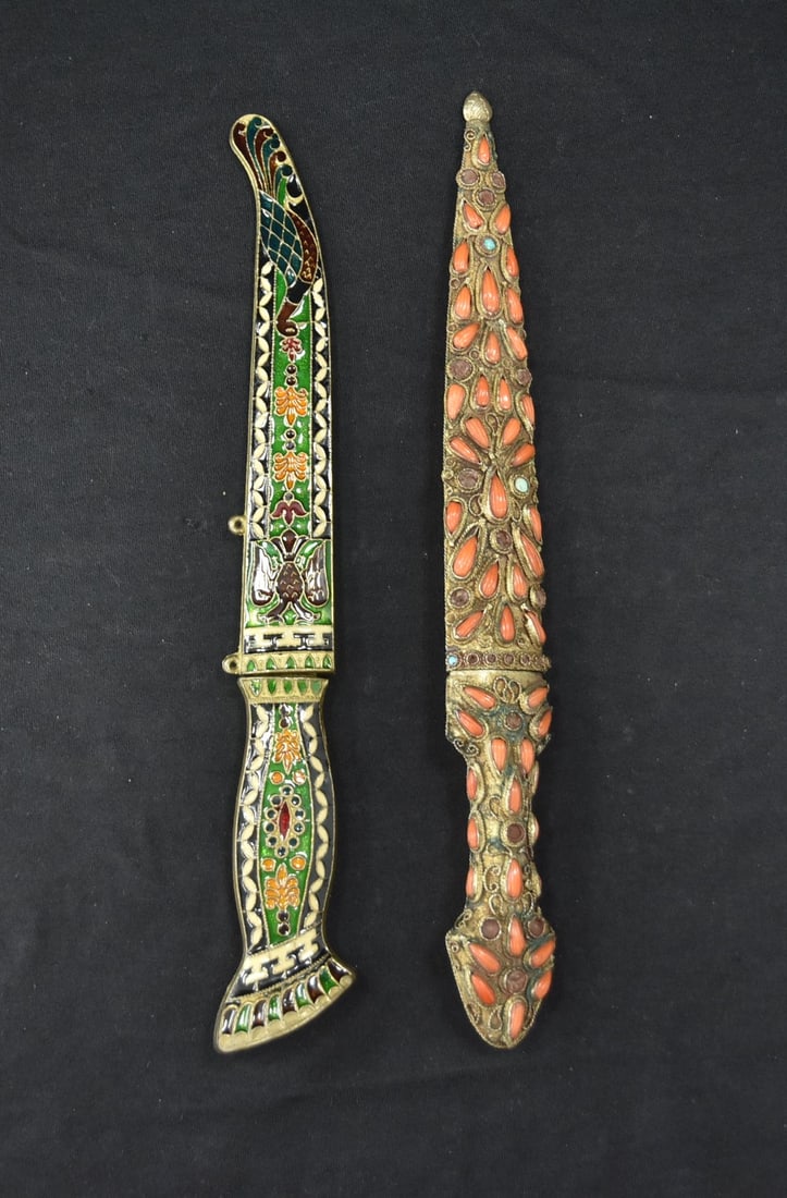 CORAL & TURQUOISE DAGGER / ENAMEL LETTER OPENER: CORAL & TURQUOISE INSET KHANJAR DAGGER - 11" / BYZANTINE DESIGN ENAMELED LETTER OPENER -