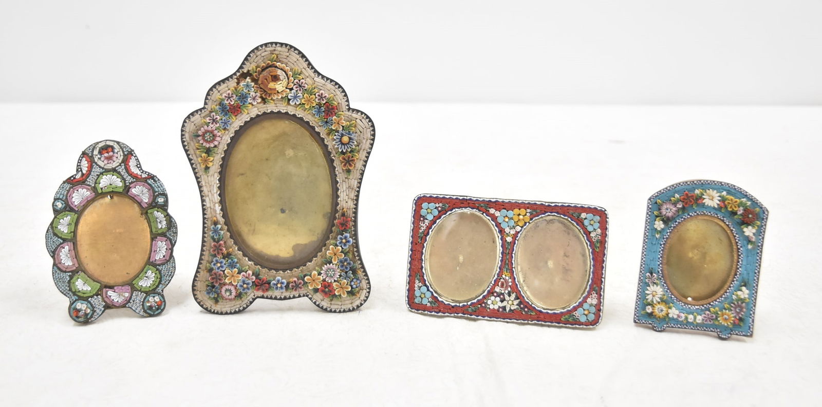 (4) ANTIQUE MICRO MOSAIC PICTURE FRAMES: (4) ANTIQUE ITALIAN MICRO MOSAIC PHOTOGRAPH PICTURE FRAMES - LARGEST IS 4" x 5 1/2"