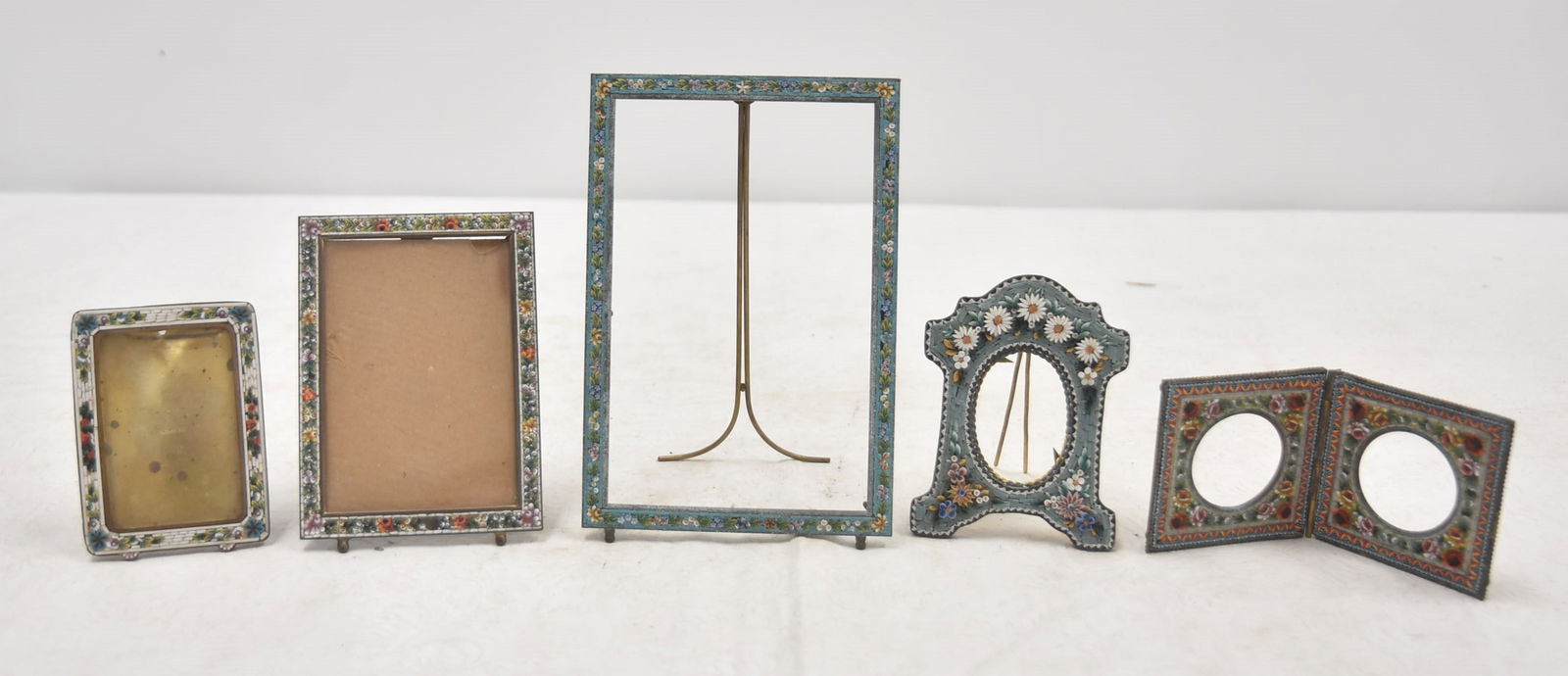 (5) ANTIQUE MICRO MOSAIC PICTURE FRAMES: (5) ANTIQUE ITALIAN MICRO MOSAIC PHOTOGRAPH PICTURE FRAMES INCLUDING DOUBLE - LARGEST IS 4" x 6"