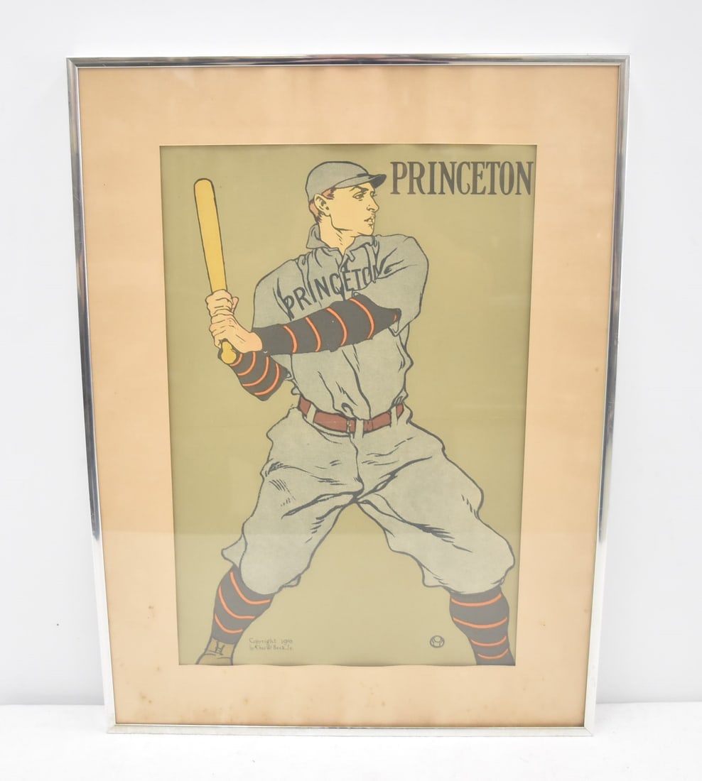 EDWARD PENFIED ILLUSTRATION OF BASEBALL PLAYER: EDWARD PENFIELD (AMERICAN, 1866-1925) ILLUSTRATION ADVERTISEMENT COLOR LITHOGRAPH POSTER DEPICTING A EARLY 1900s PRINCETON UNIVERSITY BASEBALL PLAYER , PUBLISHED BY CHAS W. BECK , JR ; DONE FOR SCHOOL