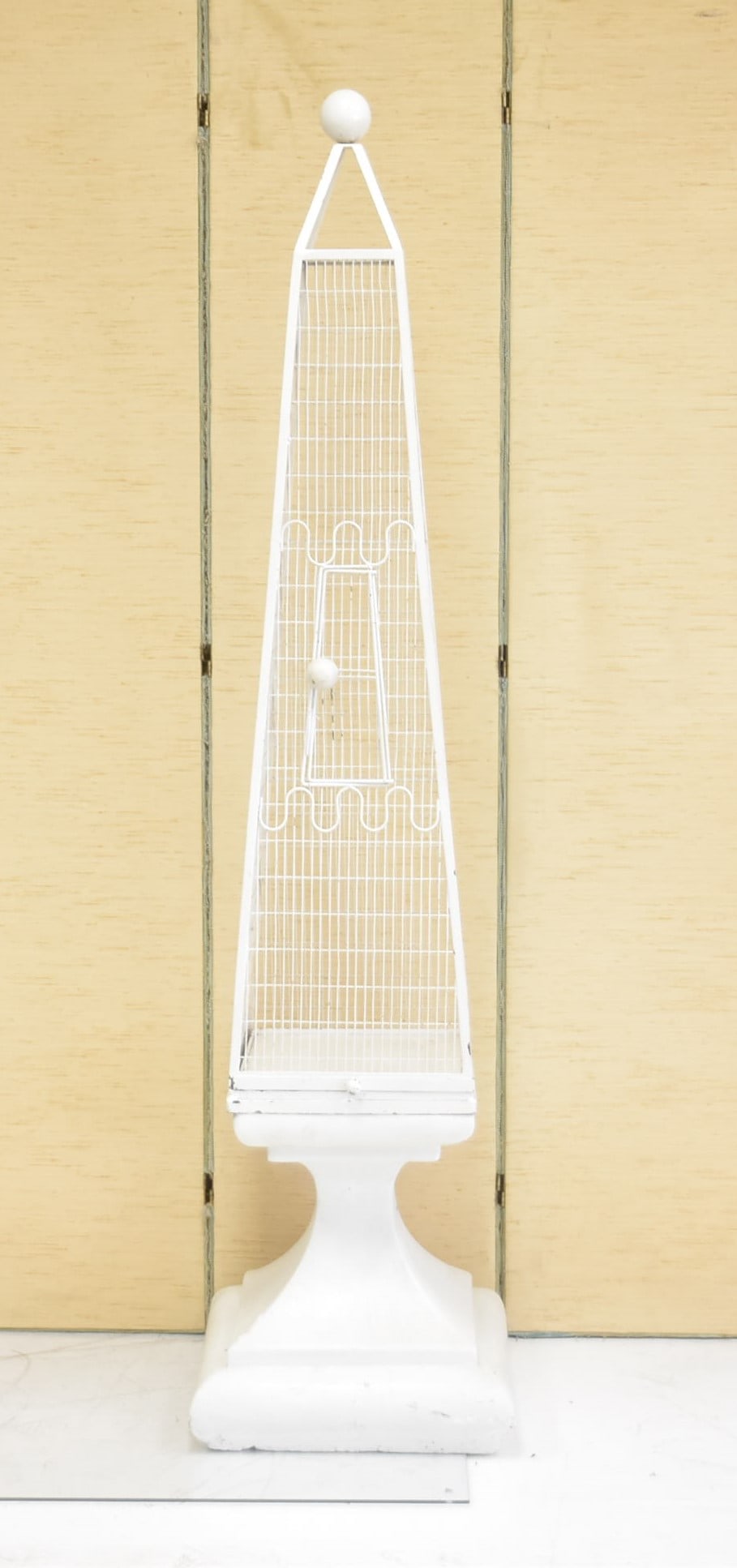 FREDERICK WEINBERG OBELISK BIRDCAGE: FREDERICK WEINBERG ART DECO STYLE OBELISK FORM BIRDCAGE PAINTED METAL WITH PLASTER BASE - 18" x 18" x 75"