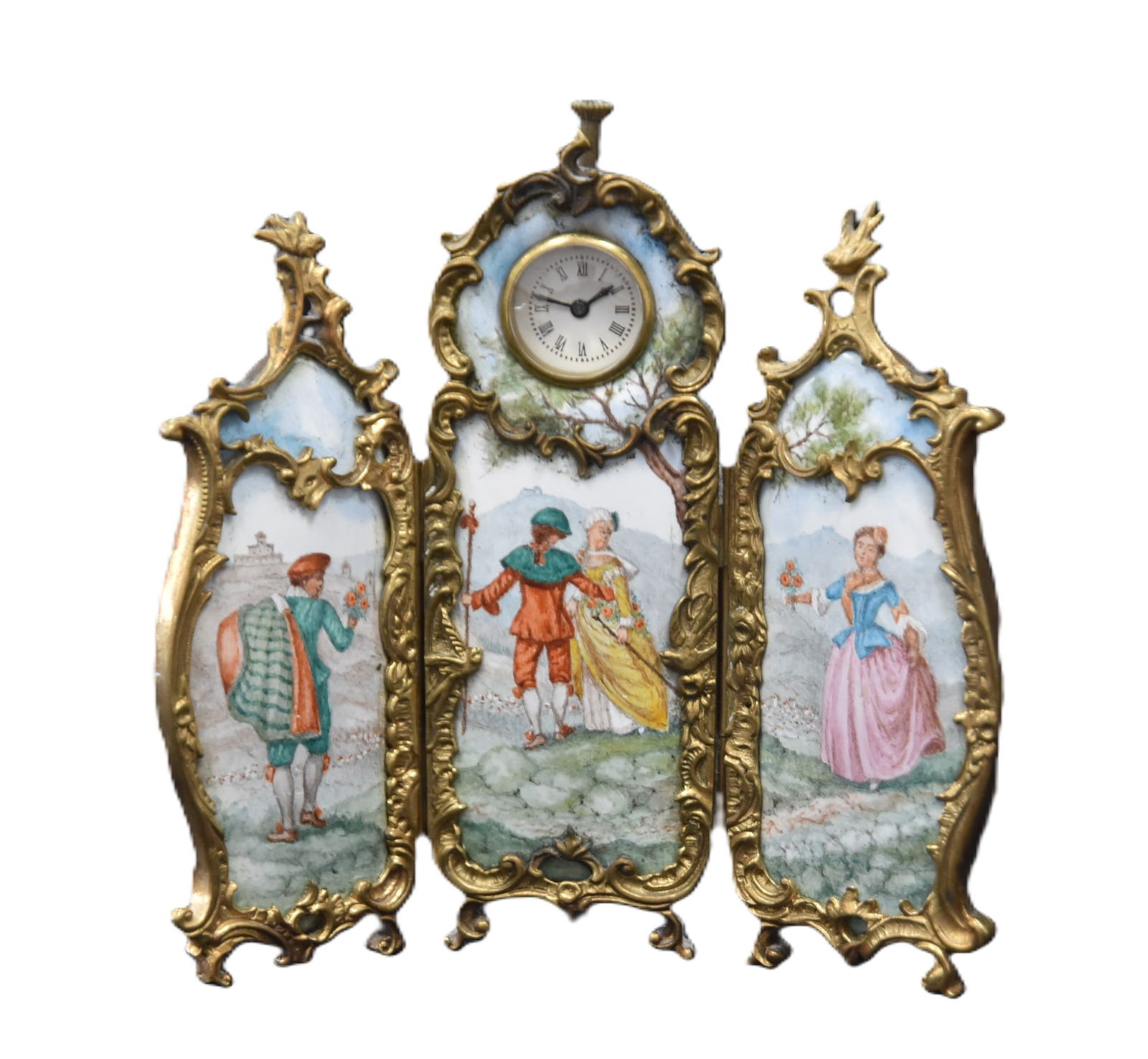 TRIPLE PANEL ENAMEL & BRONZE MINIATURE CLOCK (1 of 10)