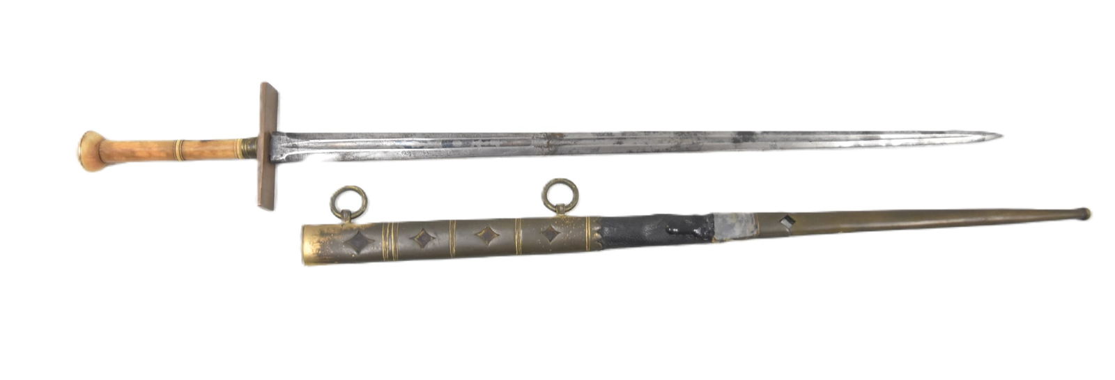 ANTIQUE DAGGER SHORT SWORD WITH BONE HANDLE: ANTIQUE SHORT SWORD DAGGER WITH BONE HANDLE WITH ENGRAVED GOLD MOUNTS ; HAVING DAMASCUS ENGRAVED BLADE - 2 1/2" x 18" (SCABBARD IS SPLIT IN HALF)