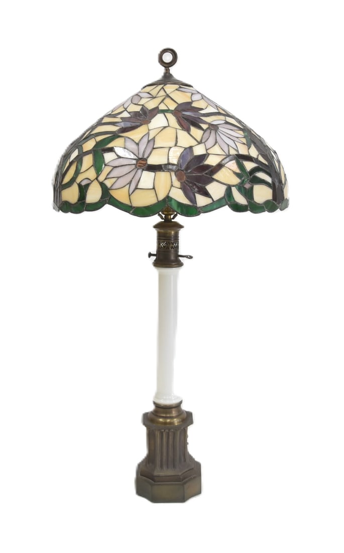 OPALINE & LEADED GLASS TABLE LAMP: TIFFANY STYLE LEADED GLASS SHADE TABLE LAMP WITH OPALINE MOUNTED BASE - SHADE IS 23" x 13 1/2" ; 23" x 35" OVERALL