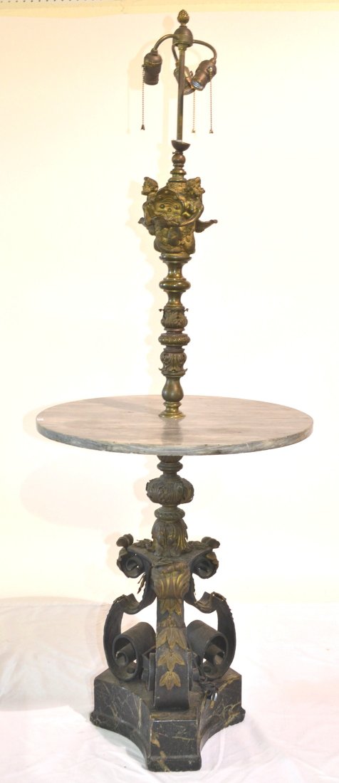 FIGURAL BRONZE FLOOR LAMP WITH ROUND MARBLE: TOP & BLACK MARBLE BASE - - 23" x 63"