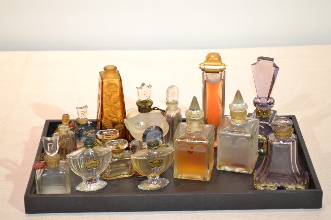 (17) ASSORTED FRENCH COMMERCIAL PERFUME BOTTLES: INC- SHALIMAR , RAPHAEL & JEAN PATOU (3 MISSING STOPPERS)