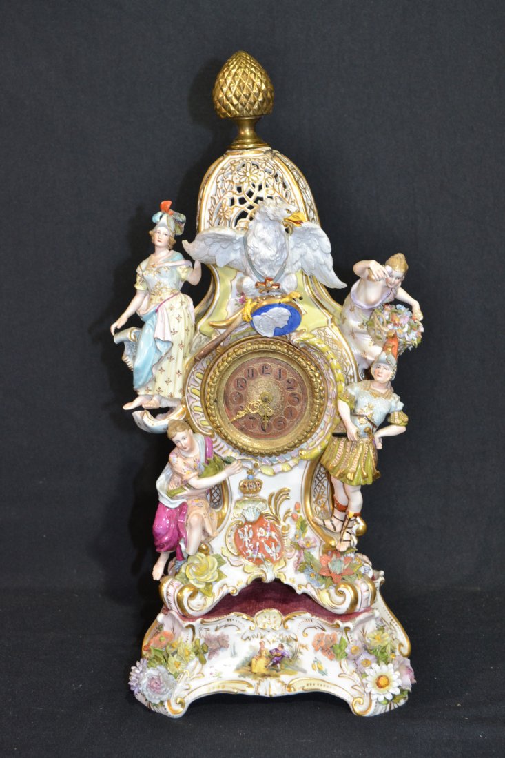 19thC CARL THIEME FIGURAL CLOCK ON STAND: WITH EAGLES & FIGURES (NEEDS RESTORATION & FINIAL REPACED) 9 1/2" x 8" x 19" WITH STAND , STAND IS 3"