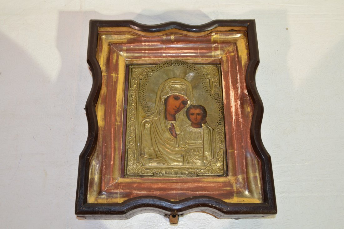 ANTIQUE RUSSIAN ICON IN SHADOW BOX FRAME -: 7" x 8 1/2'" , 7" x 14" (GLASS MISSING)