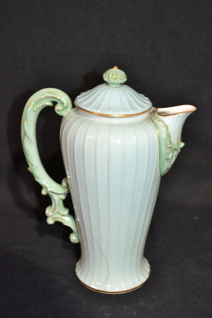 ROYAL WORCESTER CHOCOLATE POT - ca. 1894: 9 1/2" (HAIRLINE) & (2) NIPPON HAND PAINTED BOWLS - 7" & 8"