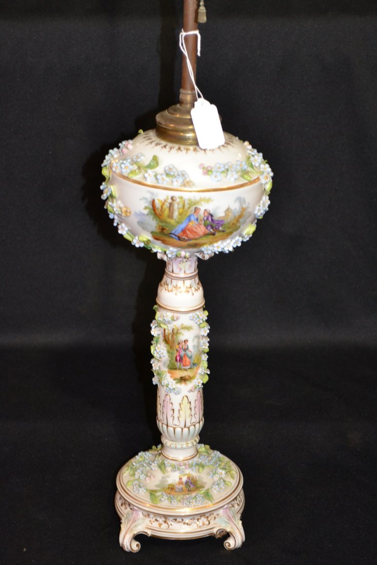 CARL THIEME DRESDEN OIL LAMP WITH FIGURAL SCENES: & ENCRUSTED FLOWERS (SMALL CHIP & HAIRLINE) 17" TALL