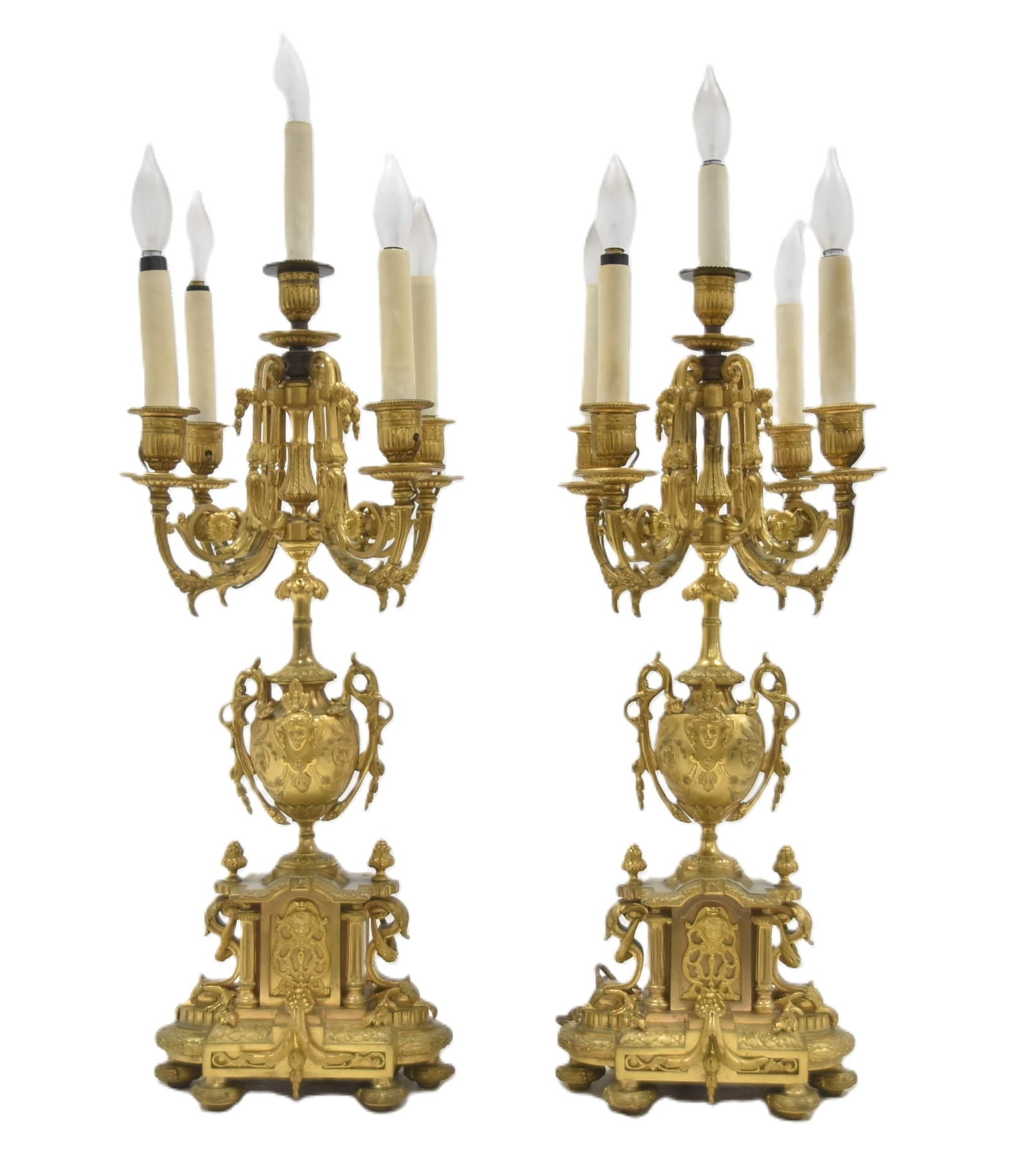 (Pr) ANTIQUE GILDED BRONZE 5-LIGHT CANDELABRAS: (Pr) ANTIQUE FRENCH BRONZE 5-LIGHT ELECTRIFIED CANDELABRAS WITH FIGURAL MASKS - 9" x 8" x 26"