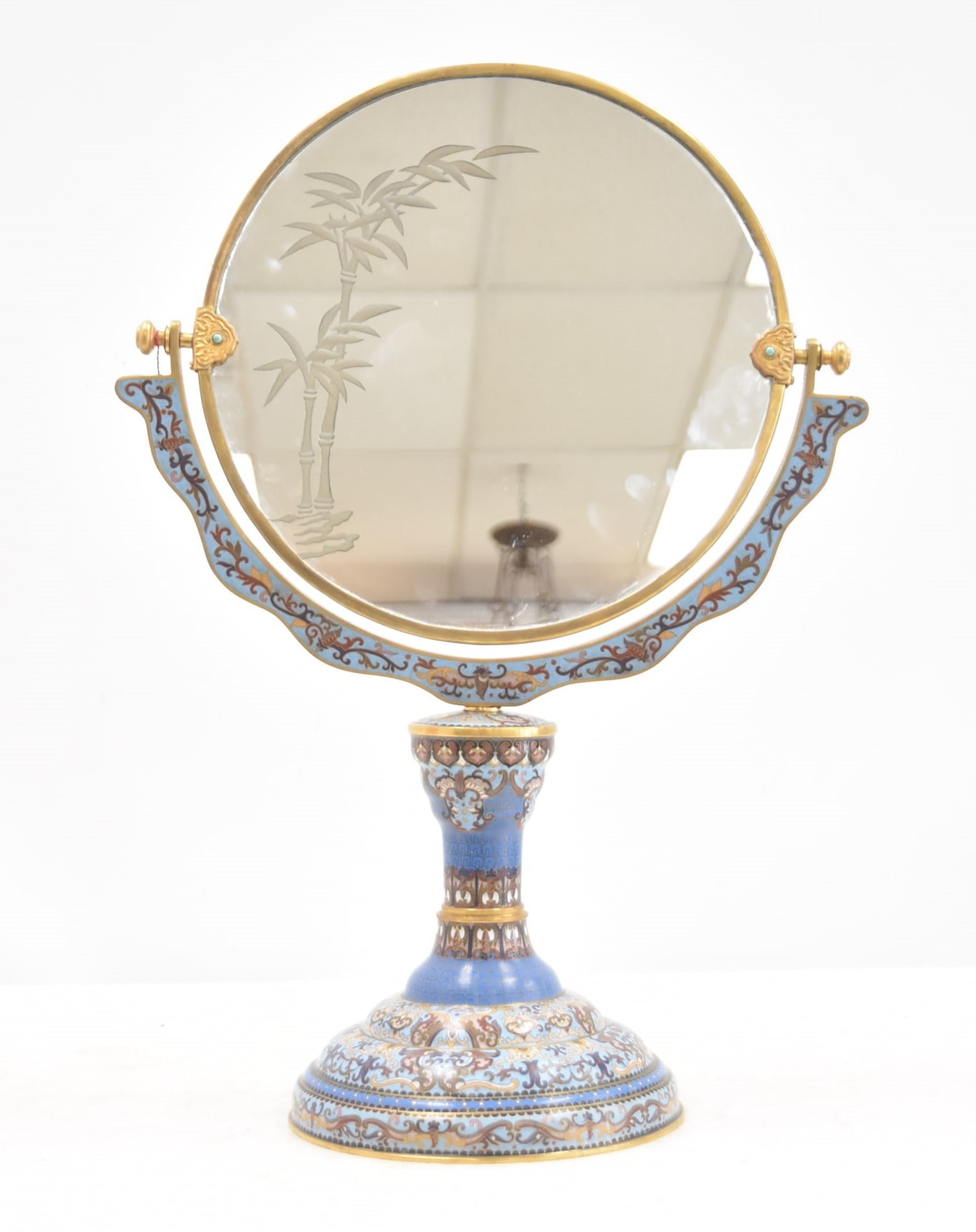 LARGE CHINESE CLOISONNE VANITY MIRROR: LARGE CHINESE CLOISONNE DOUBLE SIDED TABLE VANITY MIRROR WITH BLUE CLOISONNE HAVING JEWELS ON BRASS MOUNTS WITH ETCHED GLASS SWIVEL MIRROR INCLUDING ONE SIDE WITH ETCHED BAMBOO - 15" x 8" x 21" (ONE S