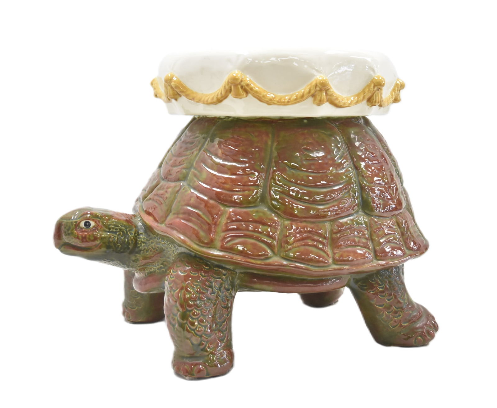 MAJOLICA TORTOISE GARDEN SEAT: MAJOLICA TURTLE TORTOISE FORM GARDEN SEAT - 21" x 14" x 16 1/2" (SOME CRAZING LINES ON TOP)